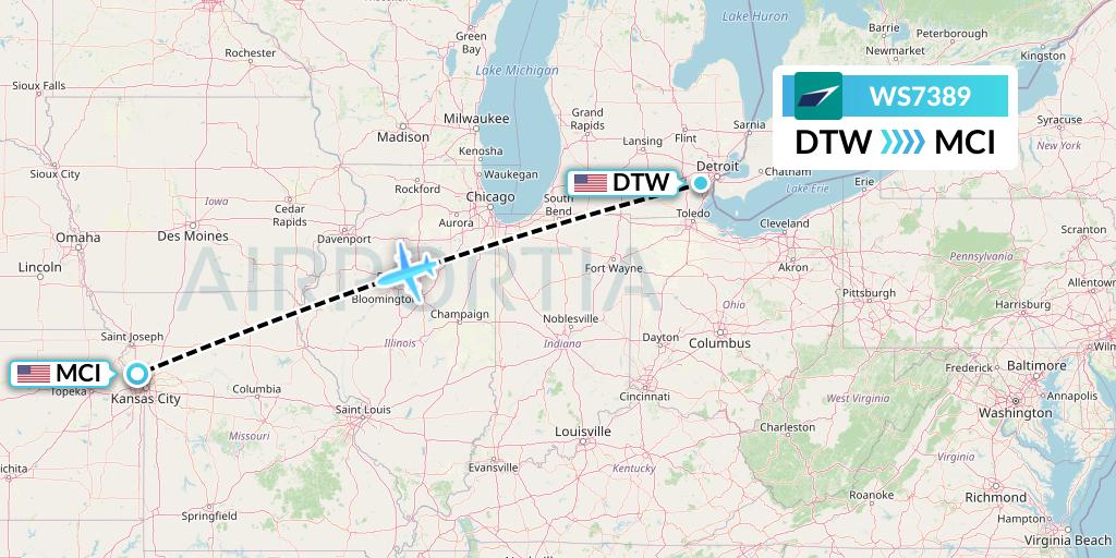 WS7389 WestJet Flight Map: Detroit to Kansas City
