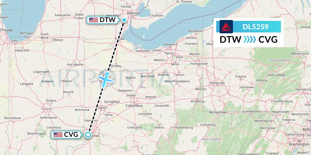 DL5259 Delta Air Lines Flight Map: Detroit to Cincinnati