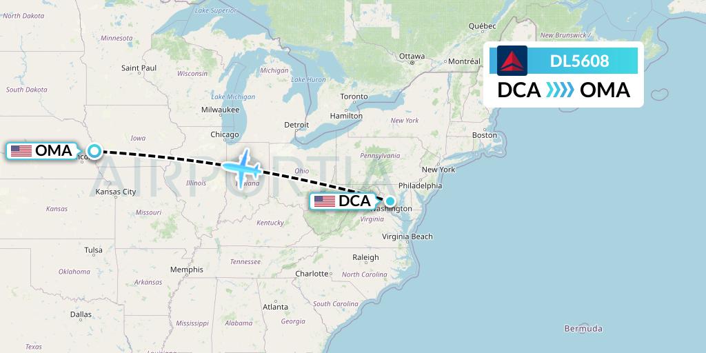 DL5608 Delta Air Lines Flight Map: Washington to Omaha