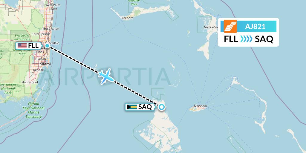 AJ821 Aztec Airways Flight Map: Fort Lauderdale to San Andros
