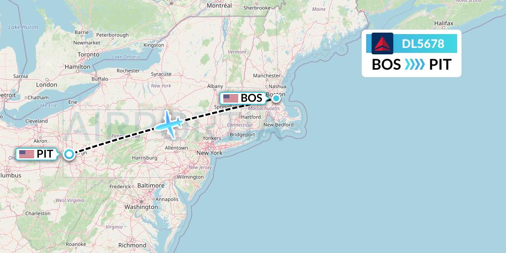 DL5678 Delta Air Lines Flight Map: Boston to Pittsburgh
