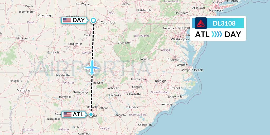 DL3108 Delta Air Lines Flight Map: Atlanta to Dayton