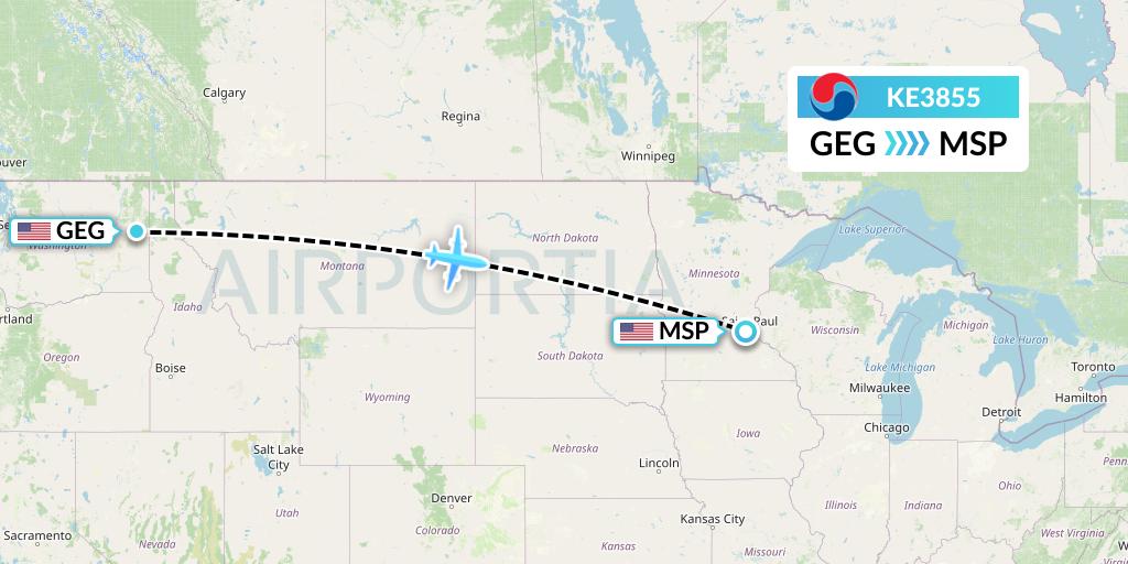 KE3855 Korean Air Flight Map: Spokane to Minneapolis