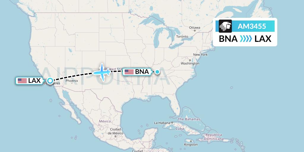 AM3455 Aeromexico Flight Map: Nashville to Los Angeles