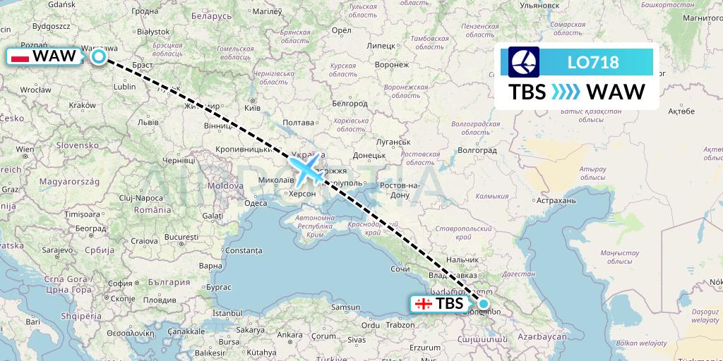 LO718 LOT Flight Map: Tbilisi to Warsaw
