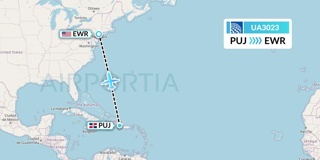 UA3023 United Airlines Flight Map: Punta Cana to New York