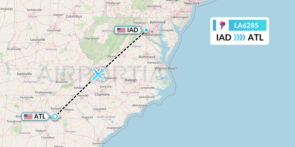LA6285 LAN Airlines Flight Map: Washington to Atlanta