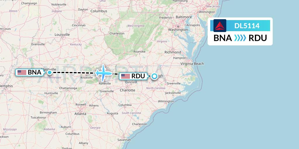 DL5114 Delta Air Lines Flight Map: Nashville to Raleigh-Durham