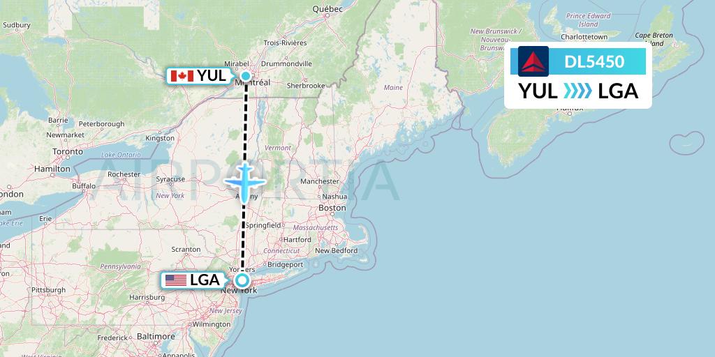 DL5450 Delta Air Lines Flight Map: Montreal to New York