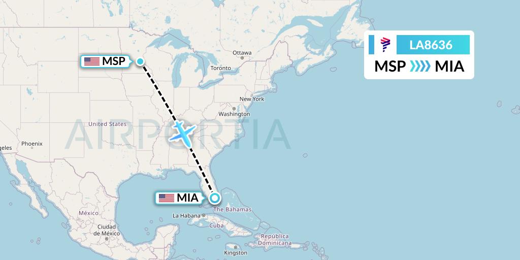LA8636 LAN Airlines Flight Map: Minneapolis to Miami