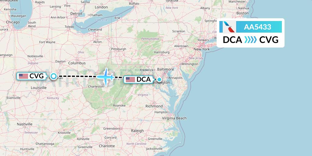 AA5433 American Airlines Flight Map: Washington to Cincinnati