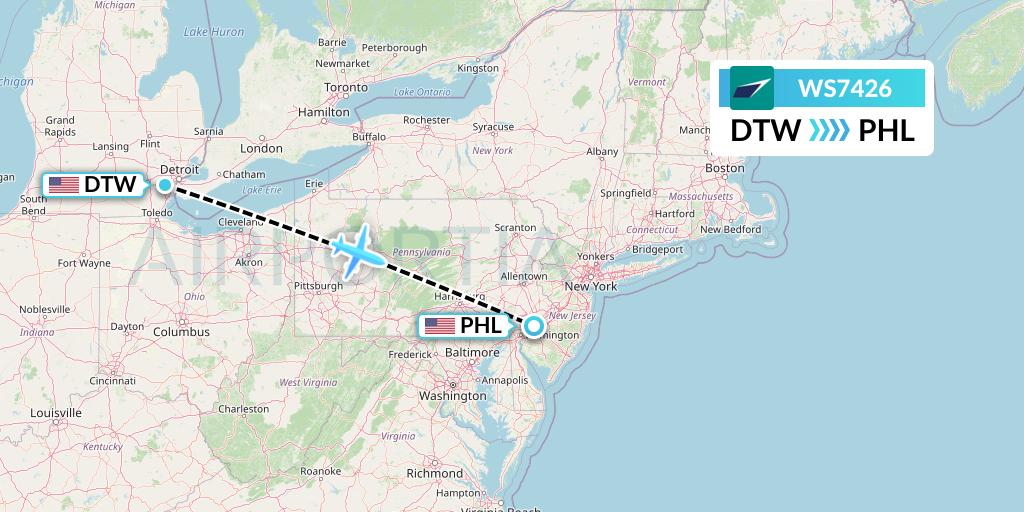 WS7426 WestJet Flight Map: Detroit to Philadelphia