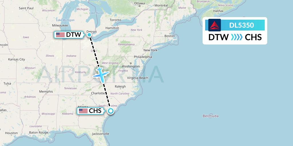 DL5350 Delta Air Lines Flight Map: Detroit to Charleston