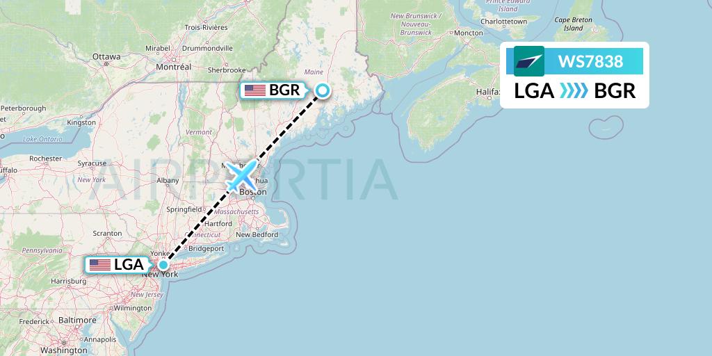WS7838 WestJet Flight Map: New York to Bangor