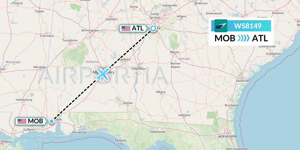 WS8149 WestJet Flight Map: Mobile to Atlanta