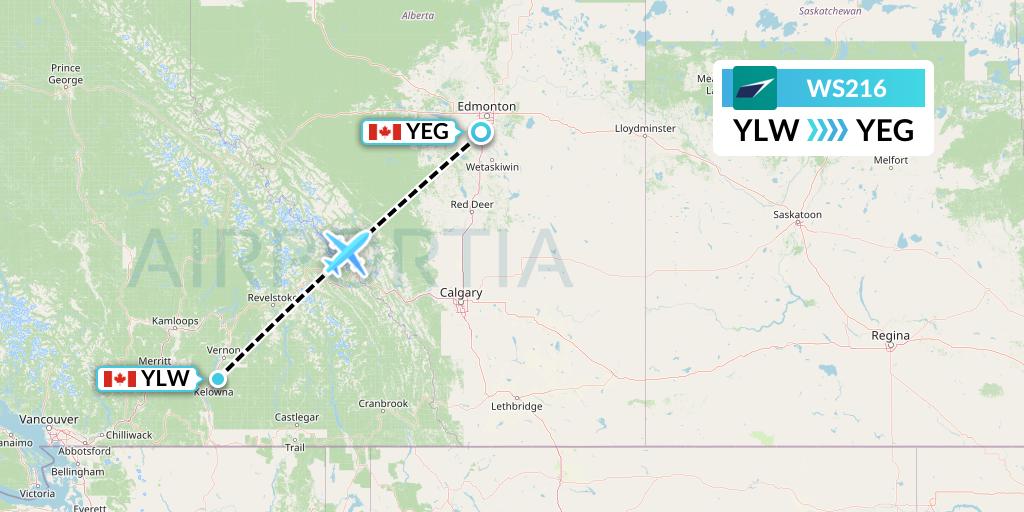 WS216 WestJet Flight Map: Kelowna to Edmonton
