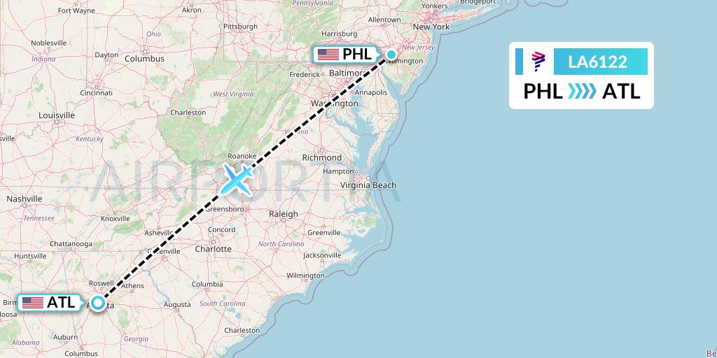 LA6122 LAN Airlines Flight Map: Philadelphia to Atlanta