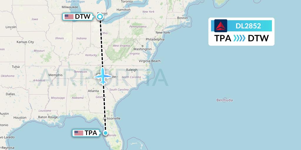 DL2852 Delta Air Lines Flight Map: Tampa to Detroit