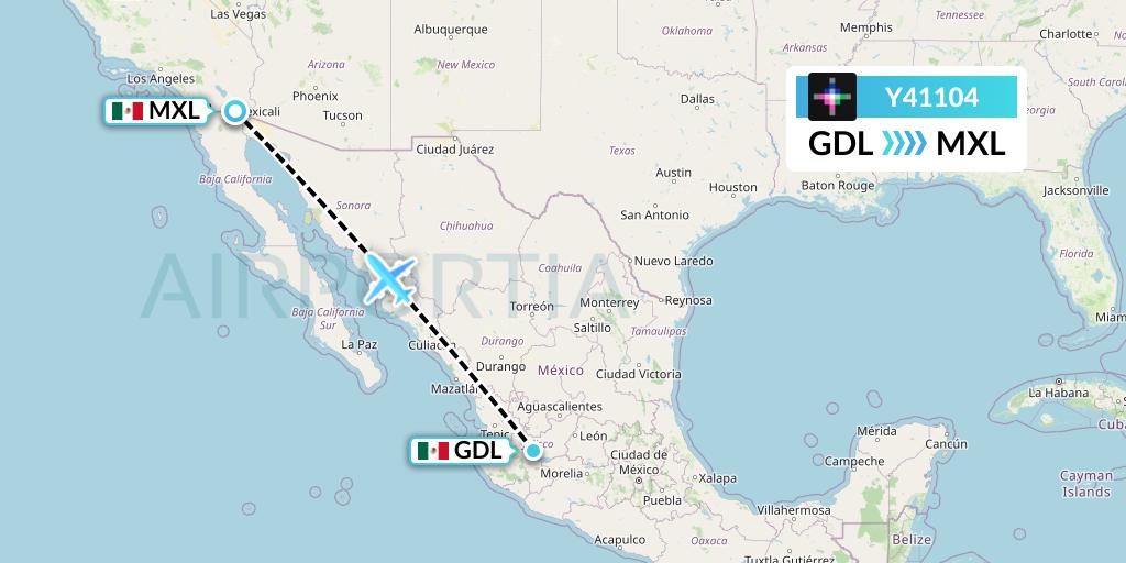 Y41104 Volaris Flight Map: Guadalajara to Mexicali