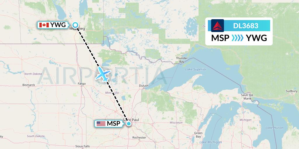 DL3683 Delta Air Lines Flight Map: Minneapolis to Winnipeg