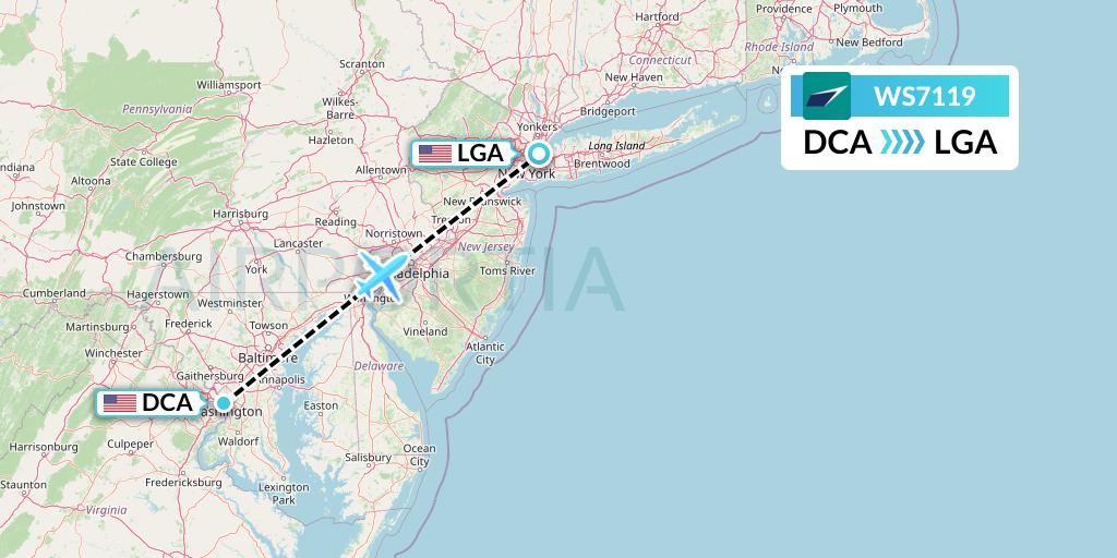 WS7119 WestJet Flight Map: Washington to New York