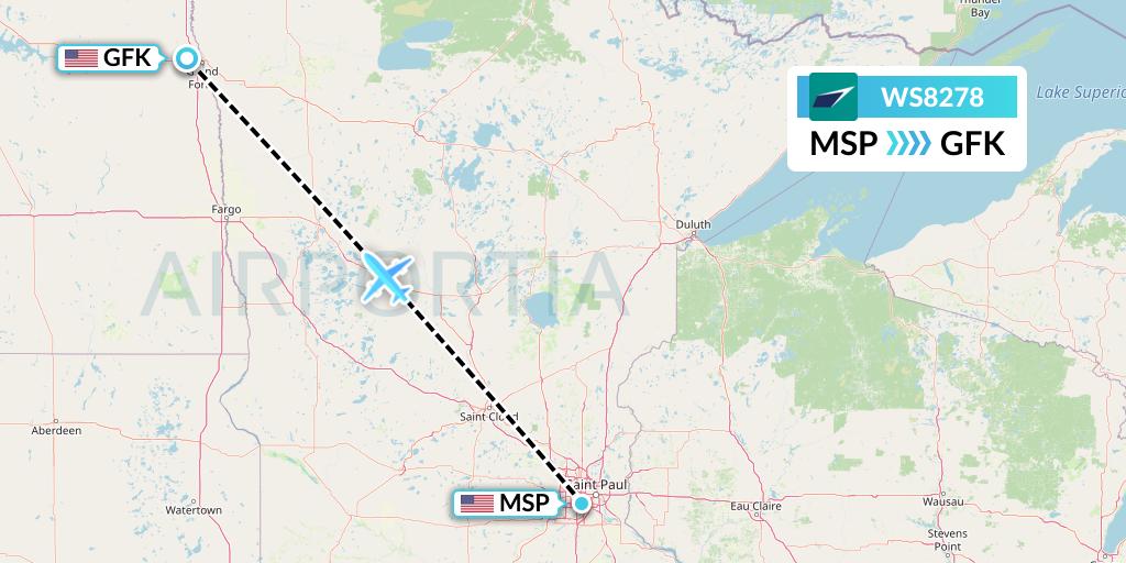 WS8278 WestJet Flight Map: Minneapolis to Grand Forks