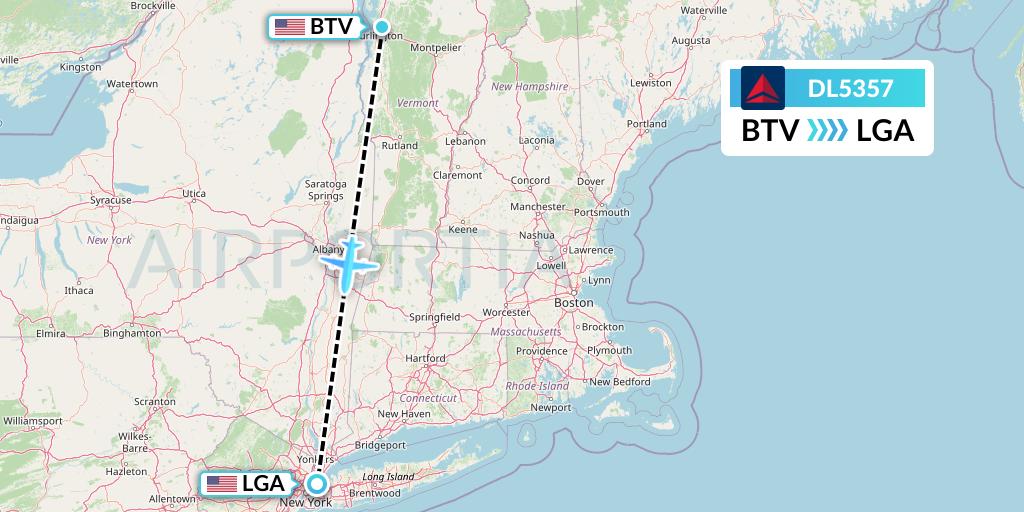 DL5357 Delta Air Lines Flight Map: Burlington to New York