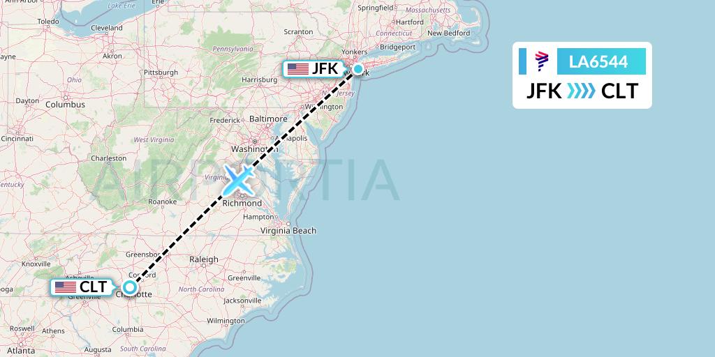 LA6544 LAN Airlines Flight Map: New York to Charlotte