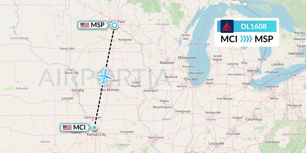 DL1608 Delta Air Lines Flight Map: Kansas City to Minneapolis