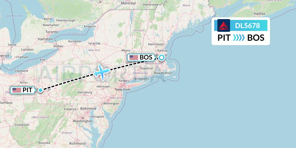 DL5678 Delta Air Lines Flight Map: Pittsburgh to Boston