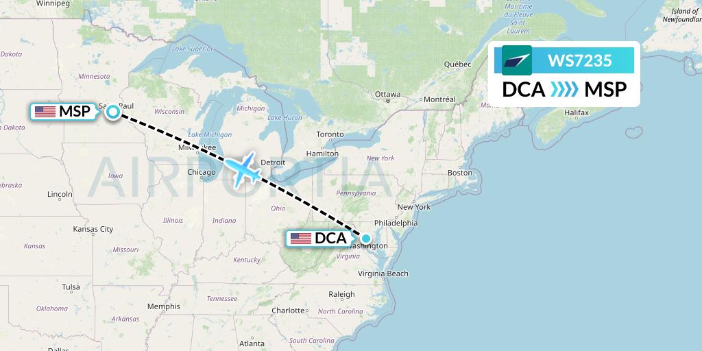 WS7235 WestJet Flight Map: Washington to Minneapolis