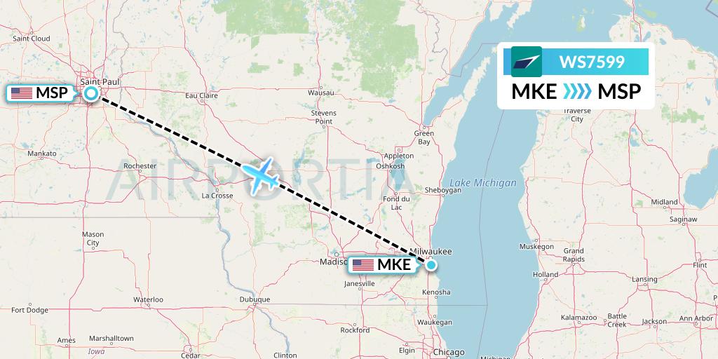 WS7599 WestJet Flight Map: Milwaukee to Minneapolis
