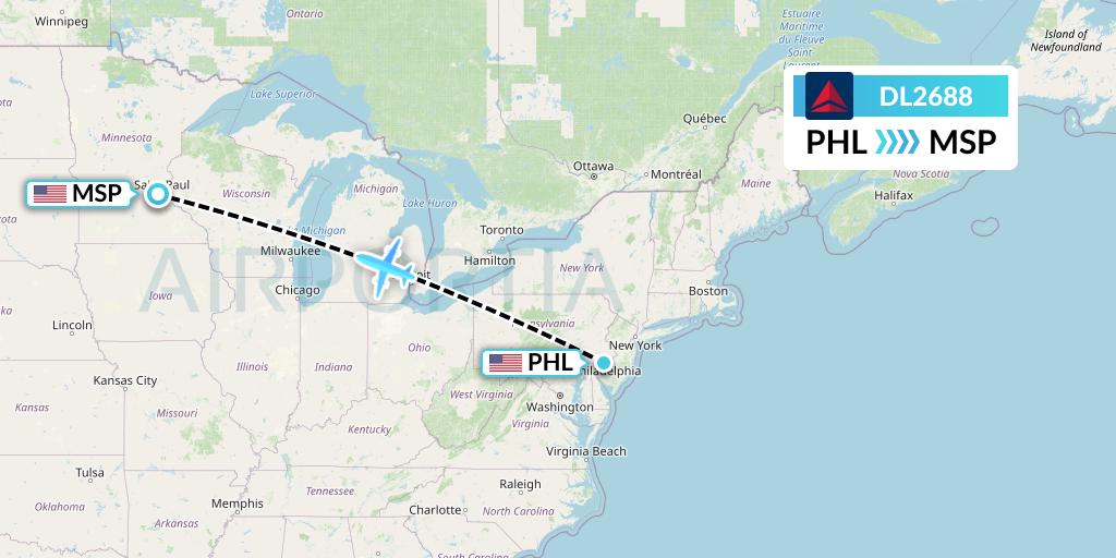 DL2688 Delta Air Lines Flight Map: Philadelphia to Minneapolis