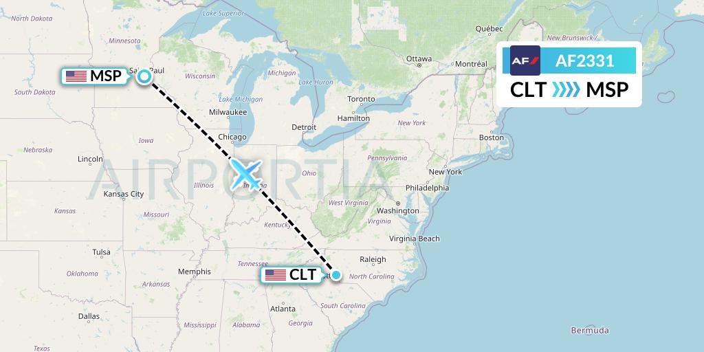 AF2331 Air France Flight Map: Charlotte to Minneapolis