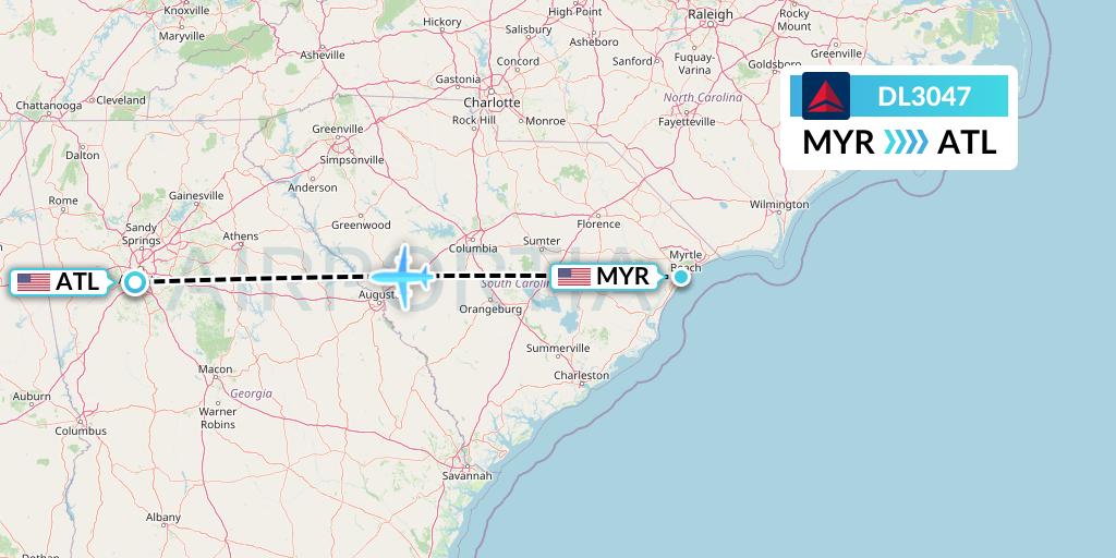 DL3047 Delta Air Lines Flight Map: Myrtle Beach to Atlanta