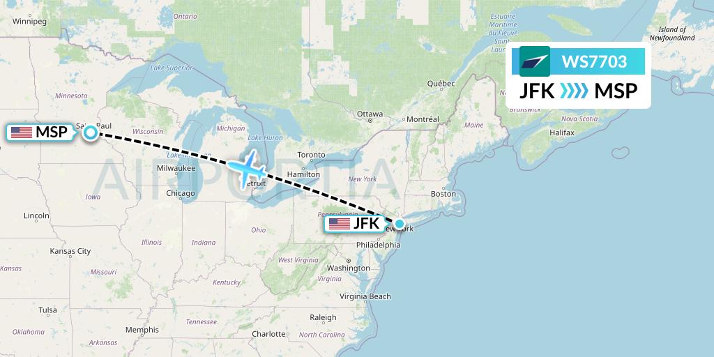 WS7703 WestJet Flight Map: New York to Minneapolis