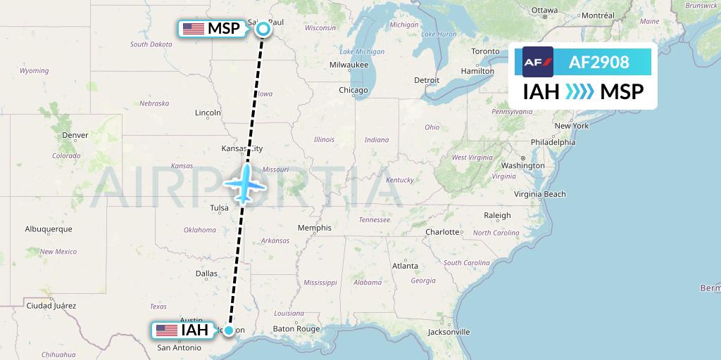 AF2908 Air France Flight Map: Houston to Minneapolis