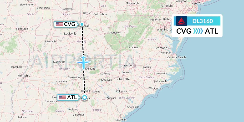 DL3160 Delta Air Lines Flight Map: Cincinnati to Atlanta