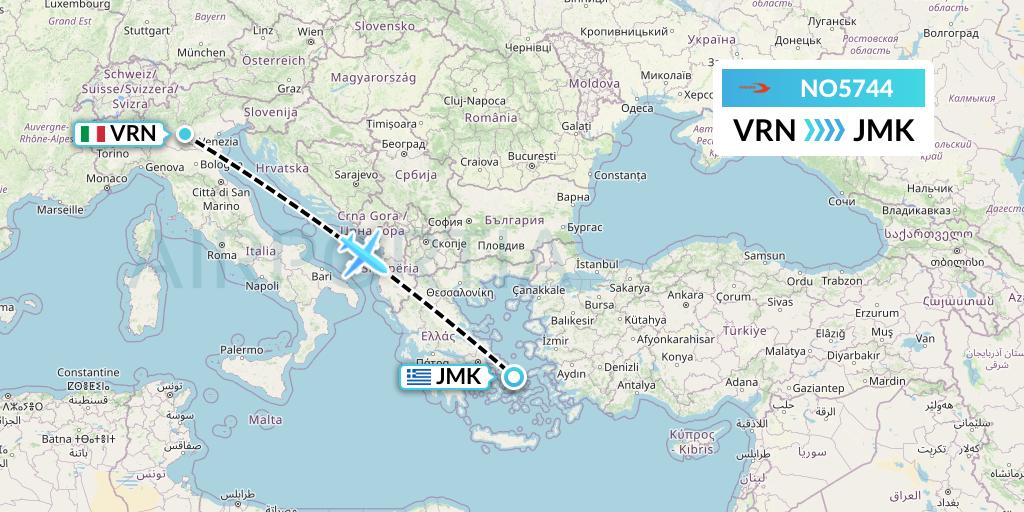 NO5744 Neos Flight Map: Verona to Mykonos