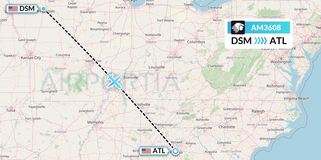 AM3608 Aeromexico Flight Map: Des Moines to Atlanta