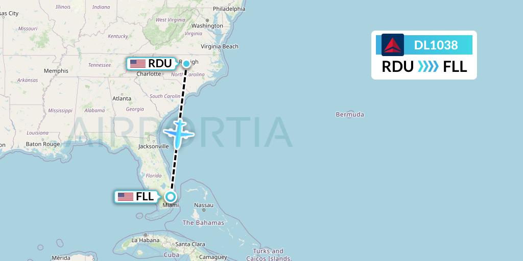 DL1038 Delta Air Lines Flight Map: Raleigh-Durham to Fort Lauderdale