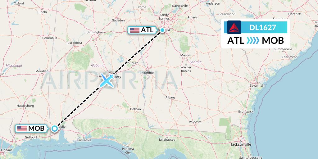 DL1627 Delta Air Lines Flight Map: Atlanta to Mobile