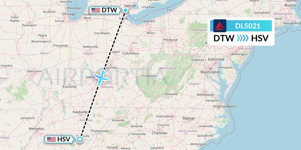 DL5021 Delta Air Lines Flight Map: Detroit to Huntsville
