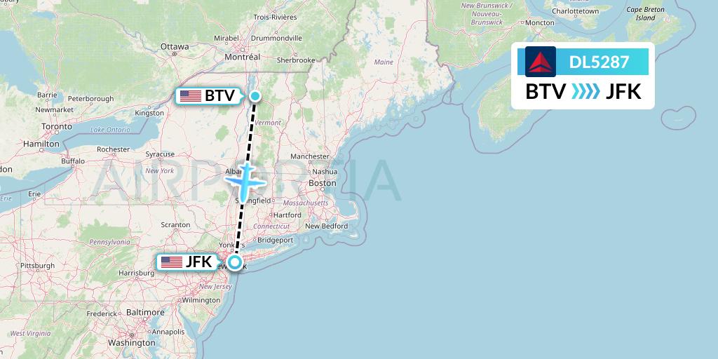 DL5287 Delta Air Lines Flight Map: Burlington to New York