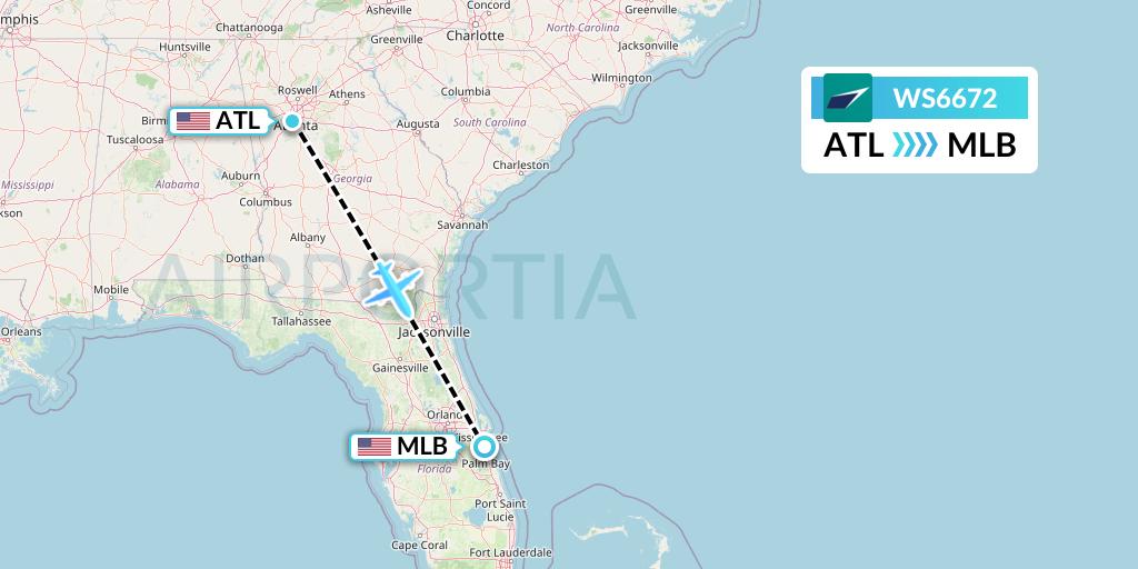 WS6672 WestJet Flight Map: Atlanta to Melbourne