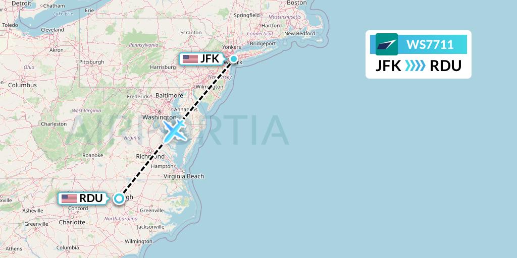 WS7711 WestJet Flight Map: New York to Raleigh-Durham