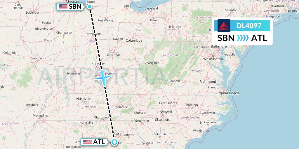 DL4097 Delta Air Lines Flight Map: South Bend to Atlanta
