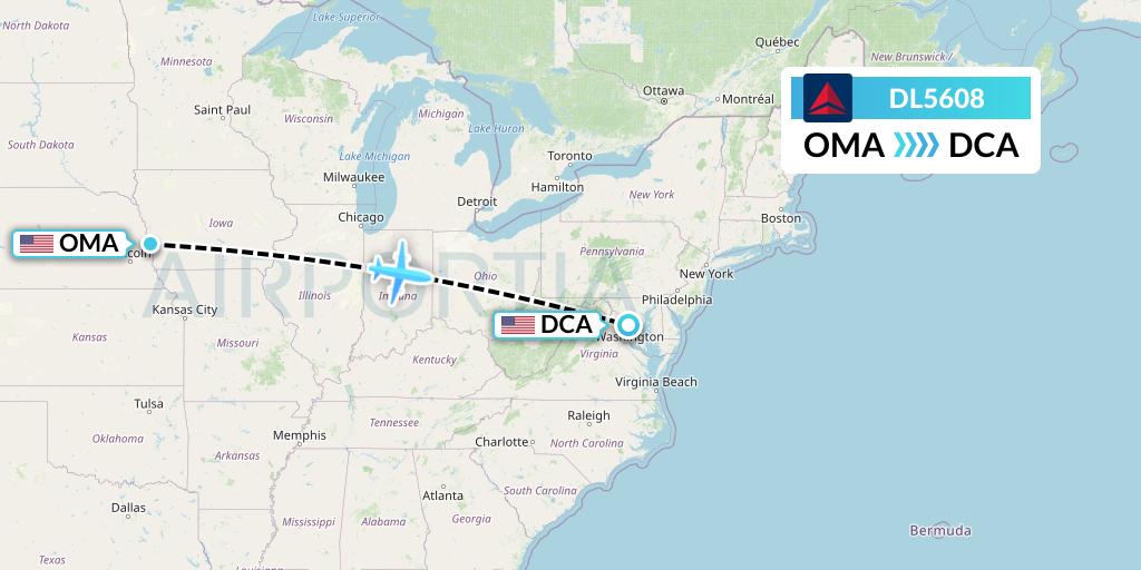 DL5608 Delta Air Lines Flight Map: Omaha to Washington