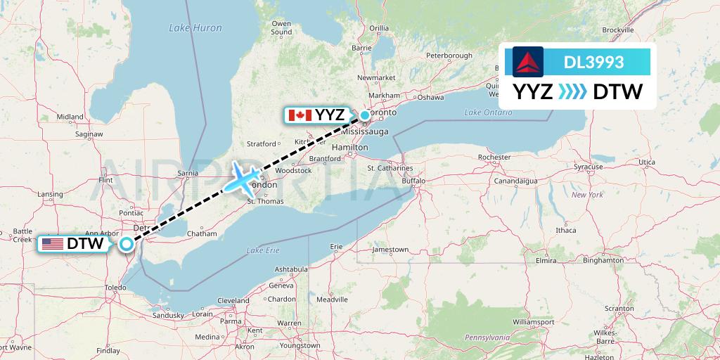 DL3993 Delta Air Lines Flight Map: Toronto to Detroit
