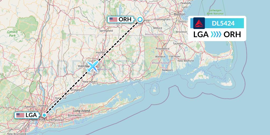 DL5424 Delta Air Lines Flight Map: New York to Worcester